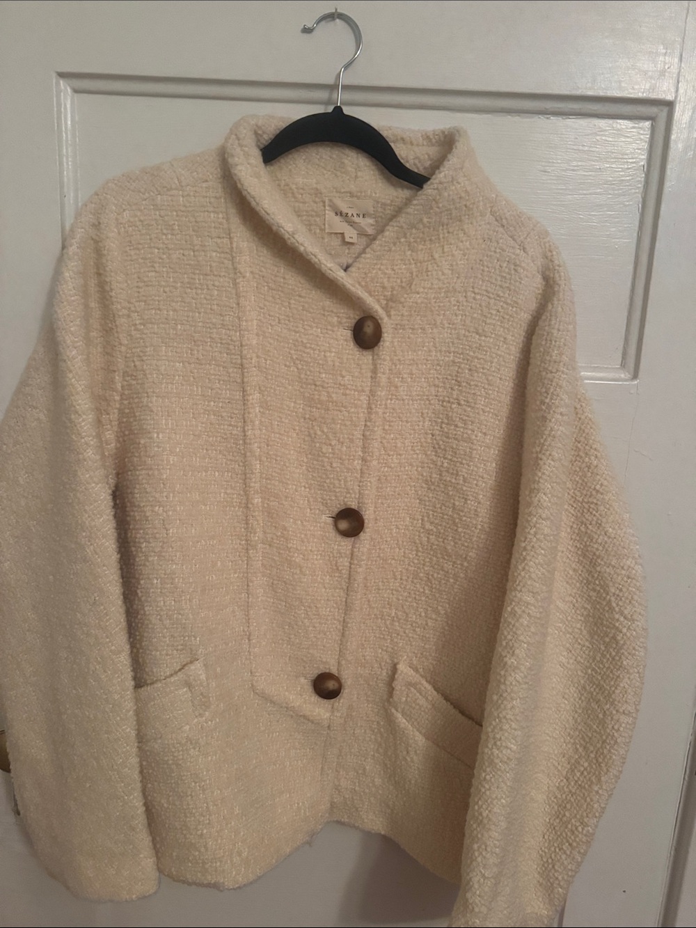 Sezane Cream Bouclé Button-Front Teddy Jacket